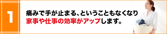 痛みで手が止まる、ということもなくなり家事や仕事の効率がアップします。
